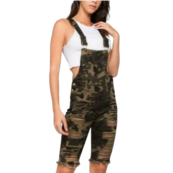 American Bazi Camouflage Denim Distressed Shortall Bib Overalls NWT - Picture 1 of 13
